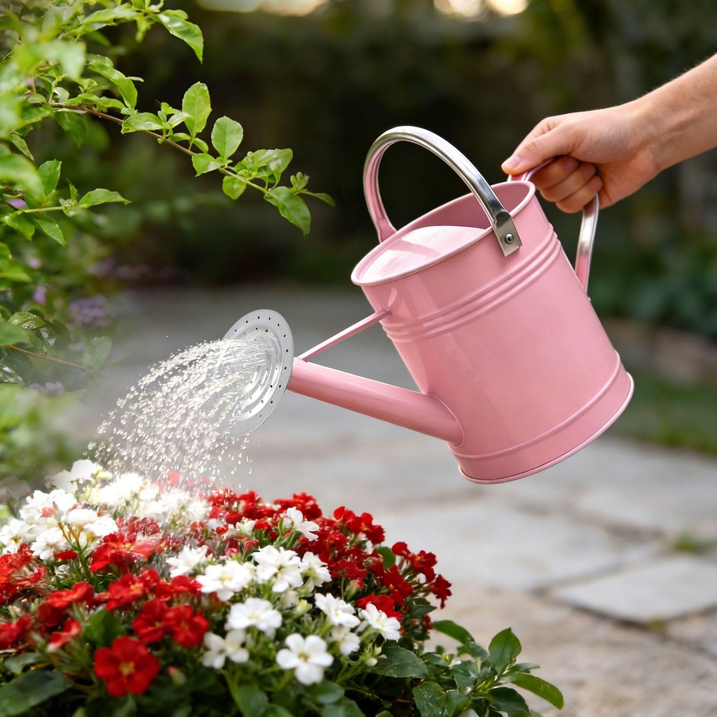 Metal Watering Can for Outdoor Plants, 1.7 Gallon Pink Garden Watering Can for Flower, Houseplants, Galvanized Finish