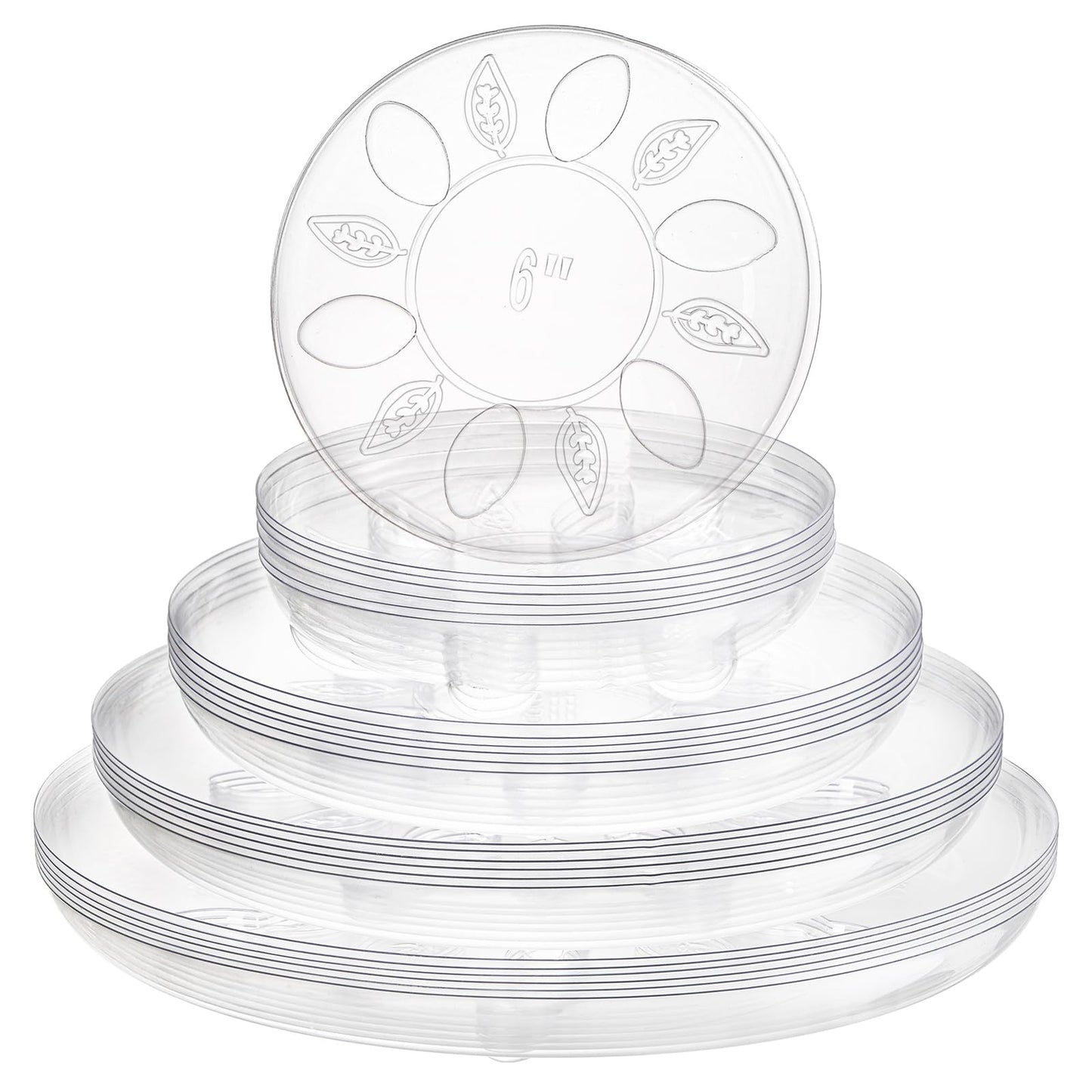 YOUEON 24 Pack Clear Plant Saucers with Feet, 6/8/10/12 Inch Heavy Duty Plastic Plant Drip Trays, Flower Pot Trays, Plant Water Catcher Tray for Indoor & Outdoor Plants, Round, 4 Sizes