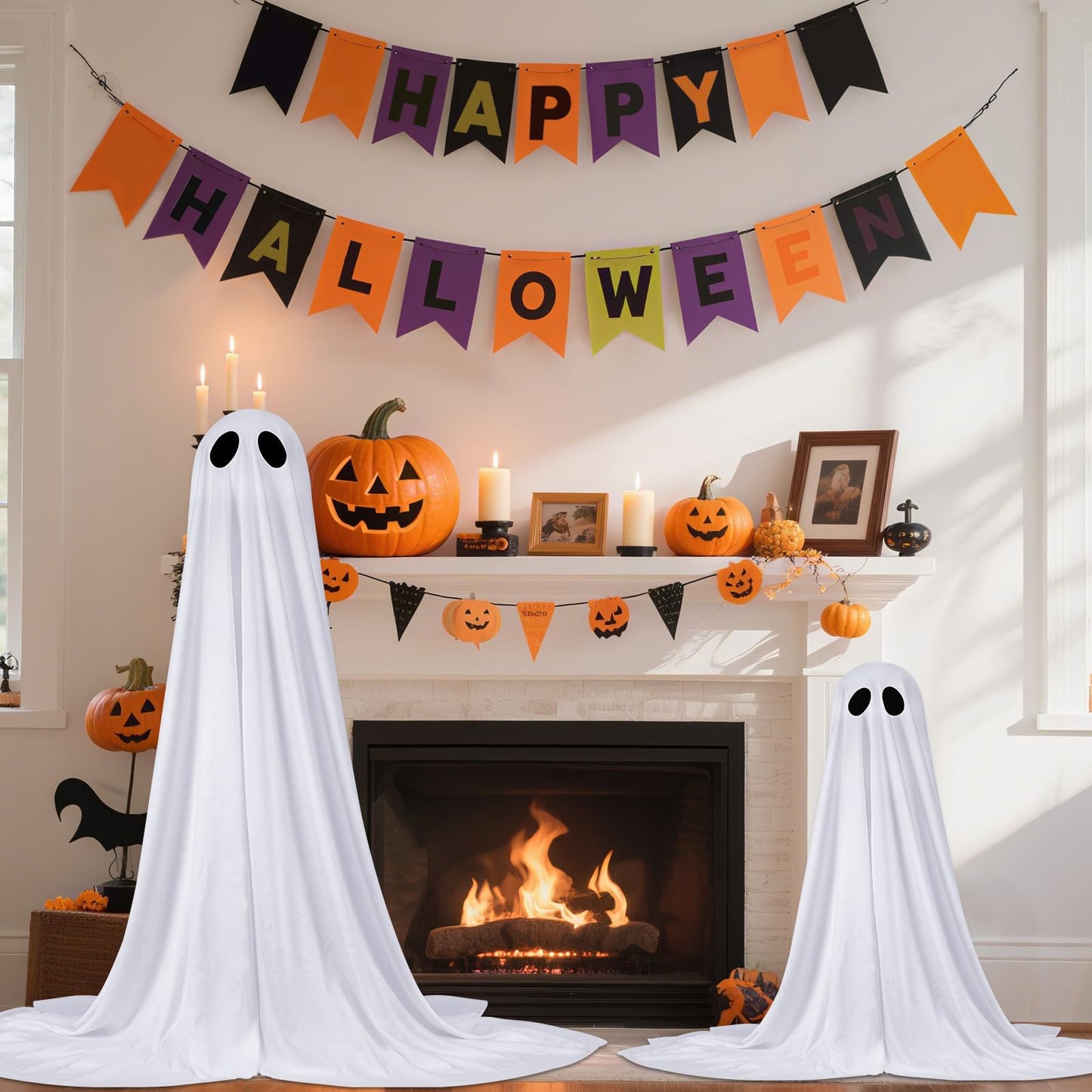 2 Pack Halloween Ghosts Outdoor Spooky Ghost Decorations Outside 36'' & 18'' Tall White Light Timer Function Standing Scary Light Up Ghost Kit for Porch, Courtyard, Party, Haunted Houses (White)
