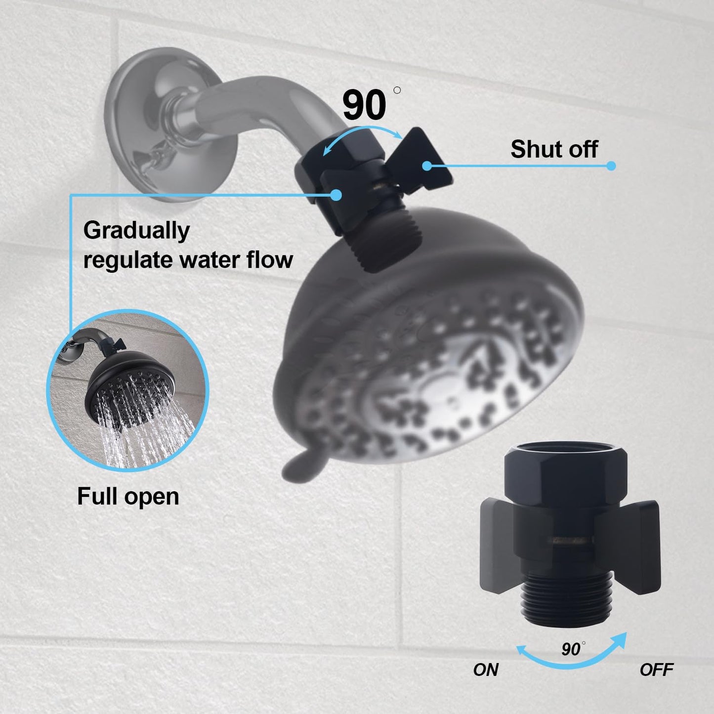 AZOS Brass Shut Off Valve, Water Flow Control Valve, Shower Head Shut Off Valve, Water Flow Control Valves G1/2 Pressure Regulator, Water Pressure Regulator in Black