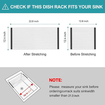 Extra Large Expandable Roll Up Dish Drying Rack,Over The Sink Drying Rack Sink Cover Kitchen Sink Accessories Kitchen Rolling up Stainless Steel Drainer, Foldable,Rollable（Black，22.8''-12.4''）