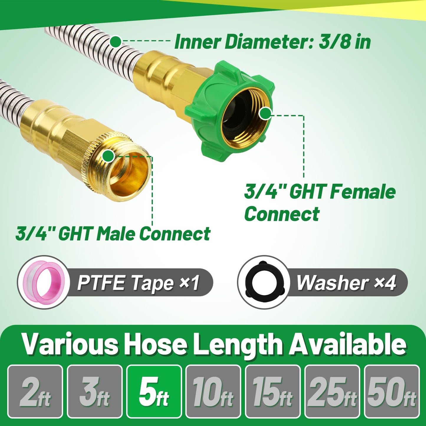 Short Garden Hose with Male to Female Connector - 5ft Metal Leakproof Leader Hose for Reel, Heavy Duty 304 Stainless Steel Flexible Water Pipe for Outdoor Garden Watering Car Pet Cleaning