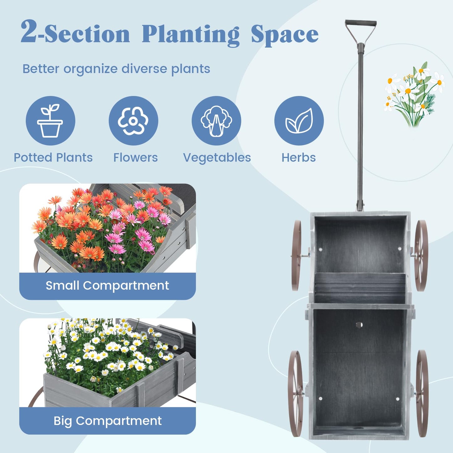 Giantex Decorative Garden Planter, Small Wagon Cart with Metal Wheels, Wood Raised Beds Plant Pot Stand for Backyard Garden Patio 24.5”Lx13.5”Wx24”H (Gray)