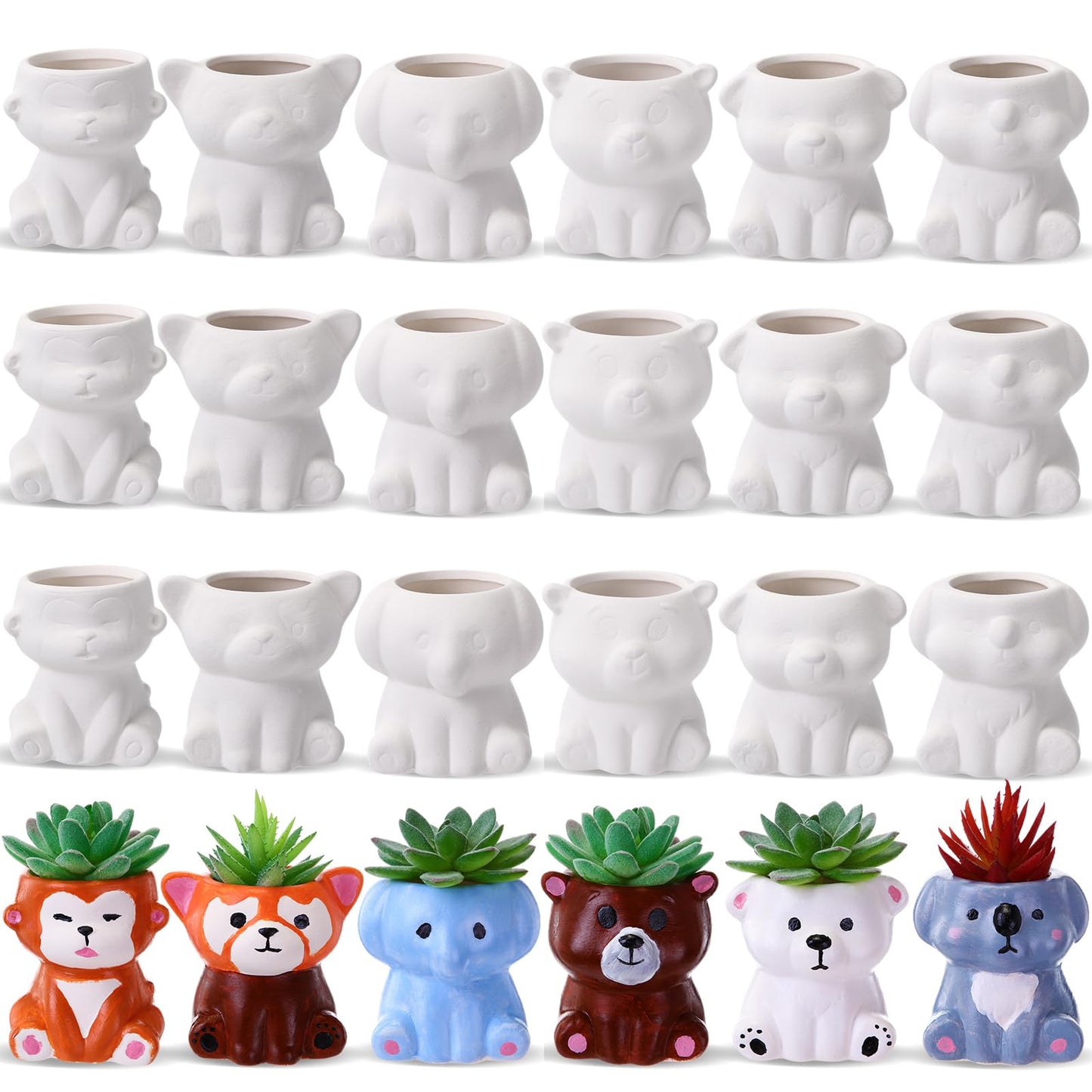 Leitee 18 Pcs Paint Your Own Ceramic Pot Bulk 2.95 in Spring Succulent Pots Ready to Paint Small Pot Mini Succulent Planters Pottery Painting for Spring Easter Mother's Day Craft(Cute Animals)