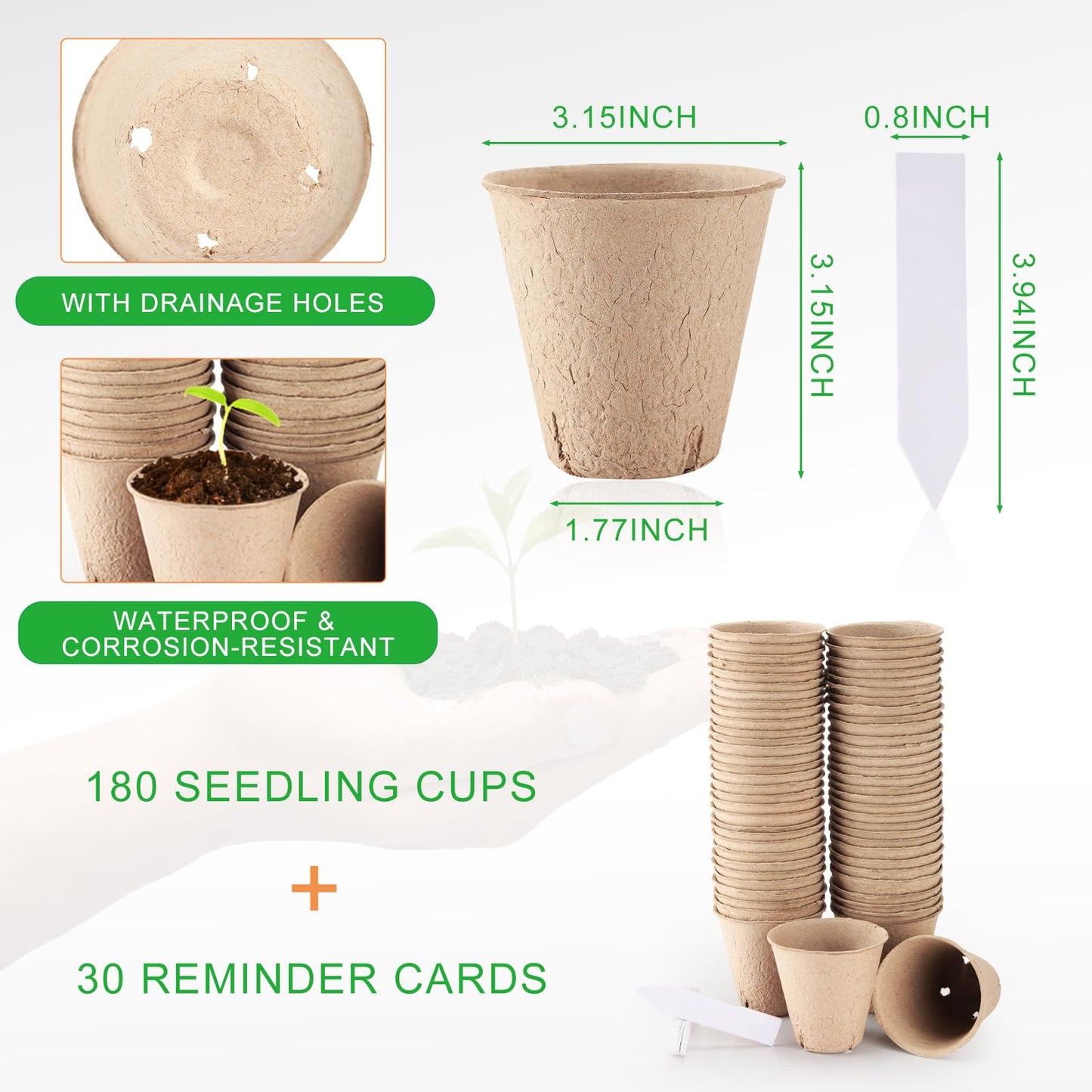 Vesici 220 Pcs Seed Starter Tray Kit Include 180 Peat Pots with Drainage Holes 10 Plastic Growing Trays, Plant Germination Trays for Seedling 30 Plant Labels for Greenhouse Seedling