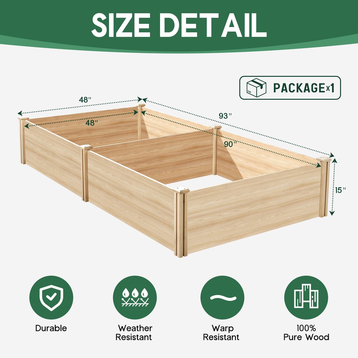 AMERLIFE 8x4 Ft Wood Raised Garden Bed, Durable 15 Inch Depth Planter Box for Vegetables, Herbs, and Flowers, Ideal for Outdoor Gardening with Open Base