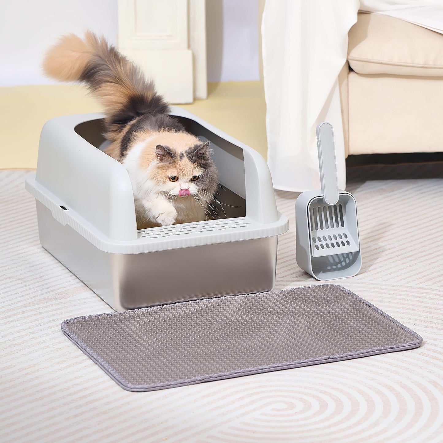 Henkelion Stainless Steel Cat Litter Box with Lid, 20" L x 14.2" W x 11.8" H, Extra Large Litter Box for Big Cats with High Sided, Anti-Urine Leakage, Easy Cleaning, Include Cat Mat and Scoop