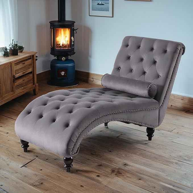 Chaise Lounge Indoor, Velvet Upholstered Lounge Chair Button-Tufted Armless