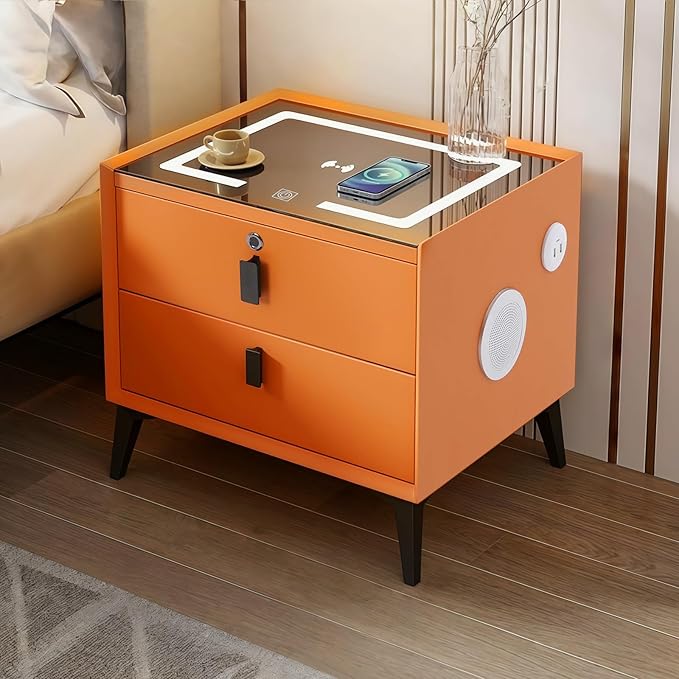 Smart Nightstand with Charging Station, Adjustable LED, USB Ports, Fingerprint