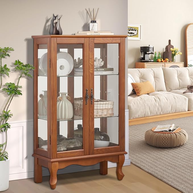 Curio Cabinet With Lighted Tall Leg Glass Door, Antique Display With Mirrored