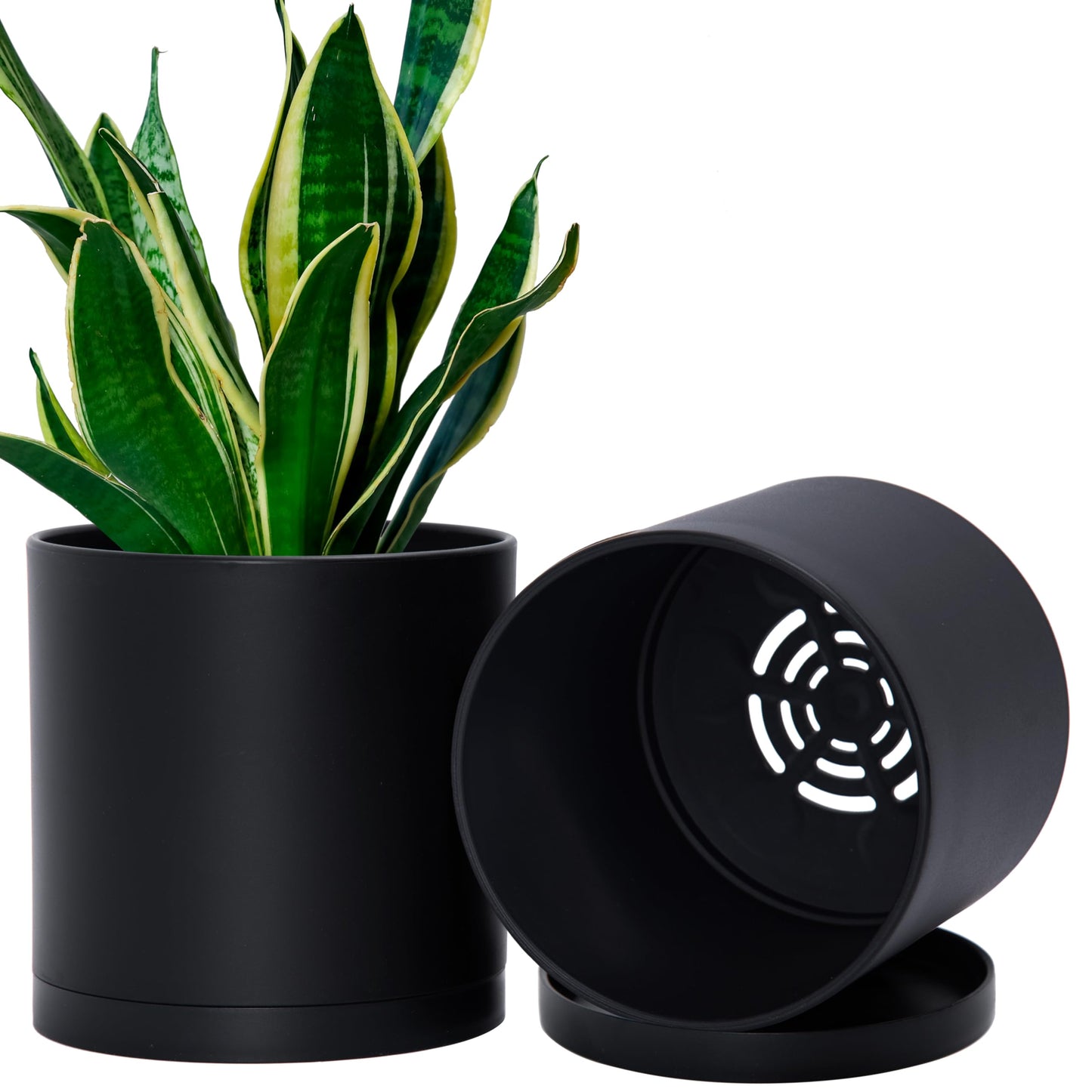 D'vine Dev 2 Pack 6.5 Inch Modern Plastic Plant Pots, Small Garden Planters for Plant with Drainage Holes and Saucers, Black Color, 74-Y-L-1