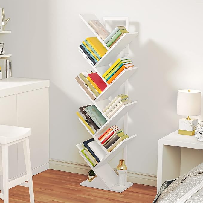 HOOBRO Tree Bookshelf, 9-Tier Bookcase Wooden Shelves, Floor Standing Storage