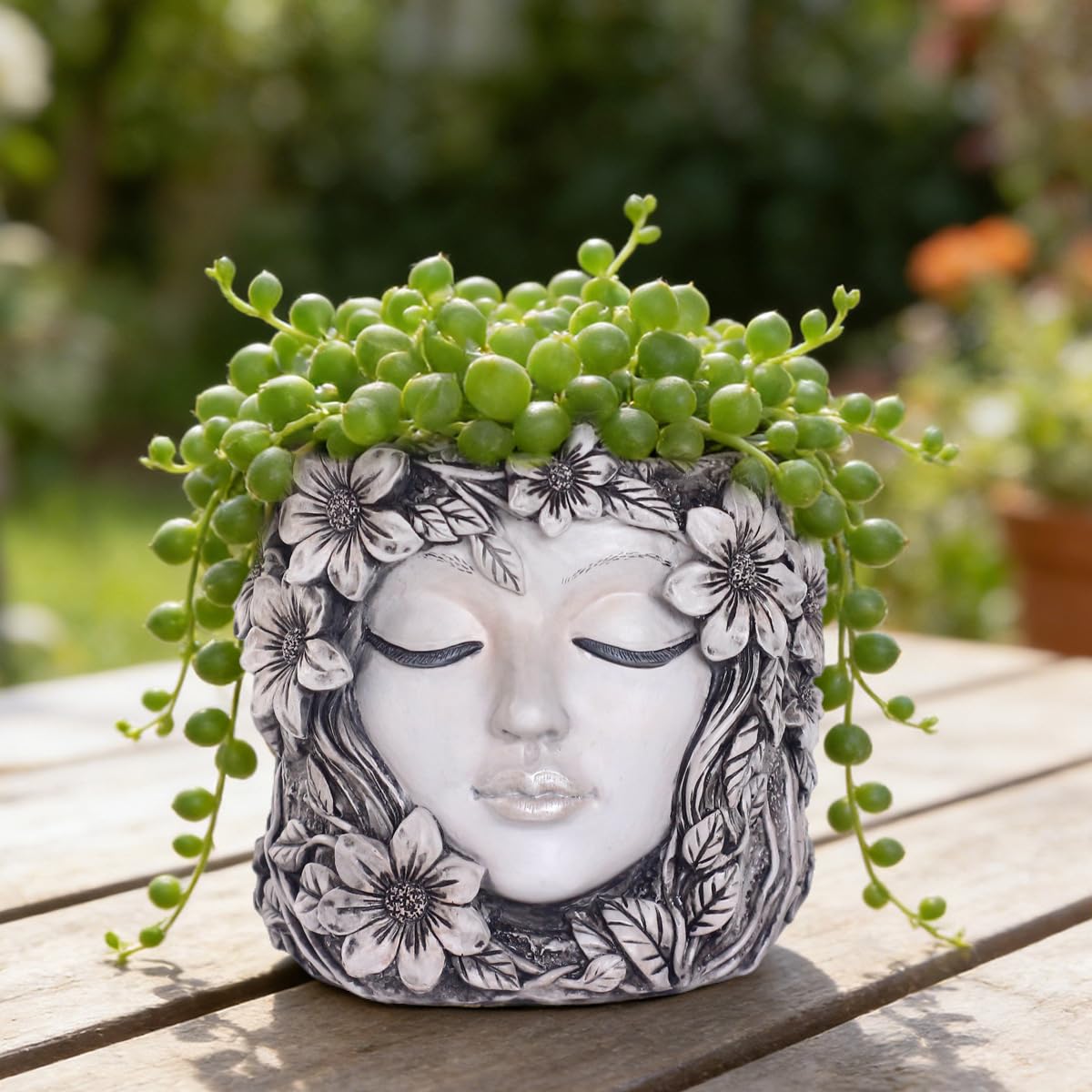 Bohemian Resin Face Planter Pot with Floral Design, Unique Human Head Succulent Pot with Drainage Hole, Weatherproof Lady Face Vase for Indoor Home, Outdoor Garden, Balcony & Desktop Greenery Decor