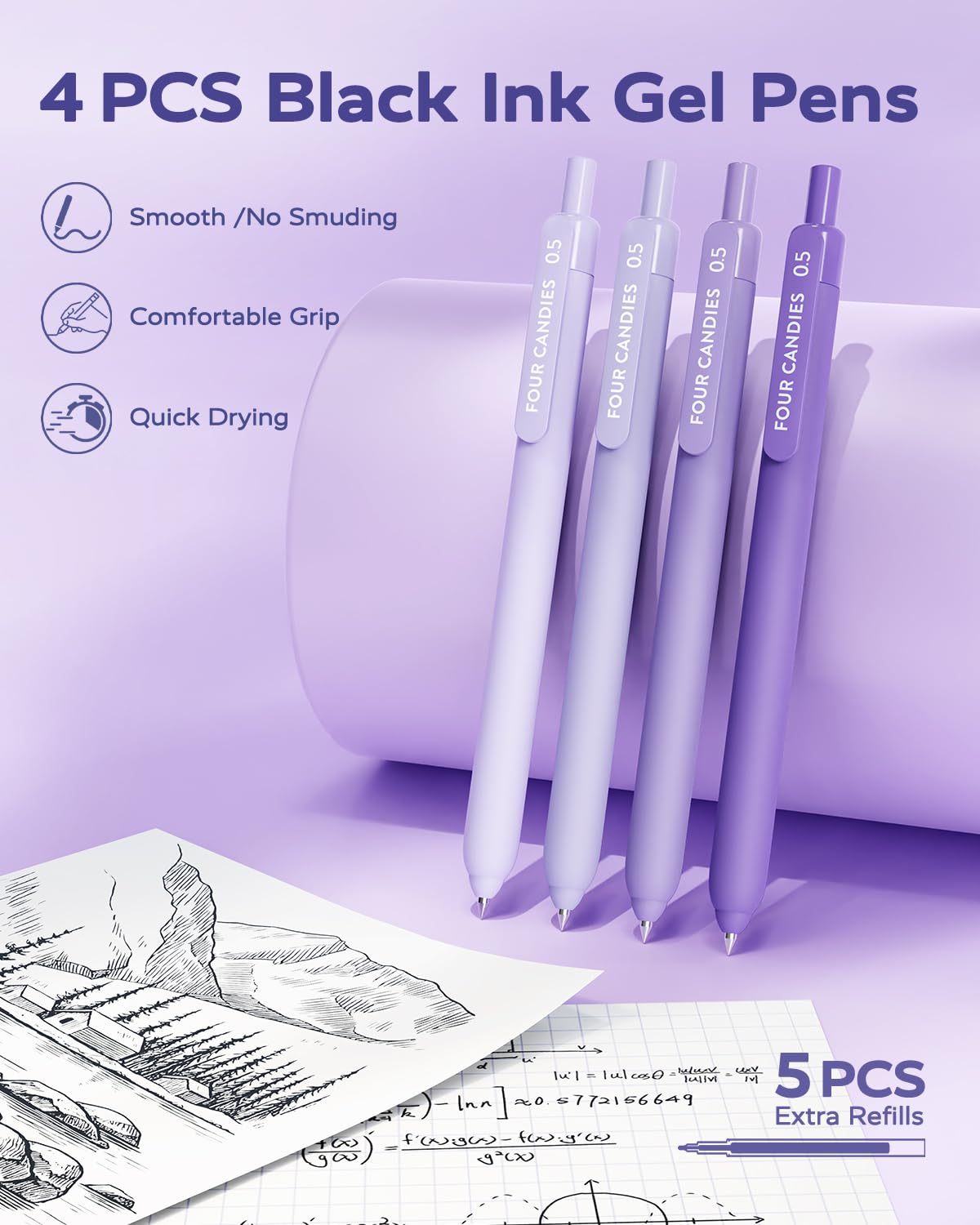 Four Candies Purple College Supplies and Nursing Essentials with Organizer, Gel Pens with Black Ink,Correction Tapes,Pastel Highlighters, Mechanical Pencils, Sticky Notes, Index Post
