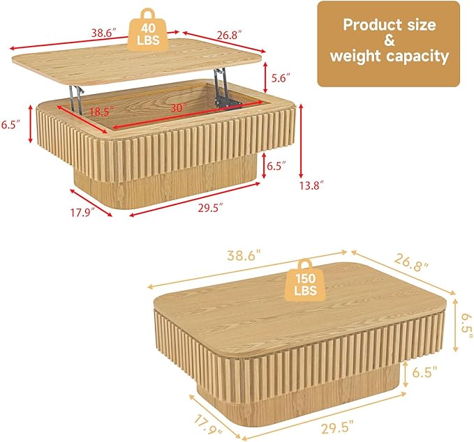 Lift Top Coffee Table for Living Room, Rectangle Handmade Solid Wood Strips