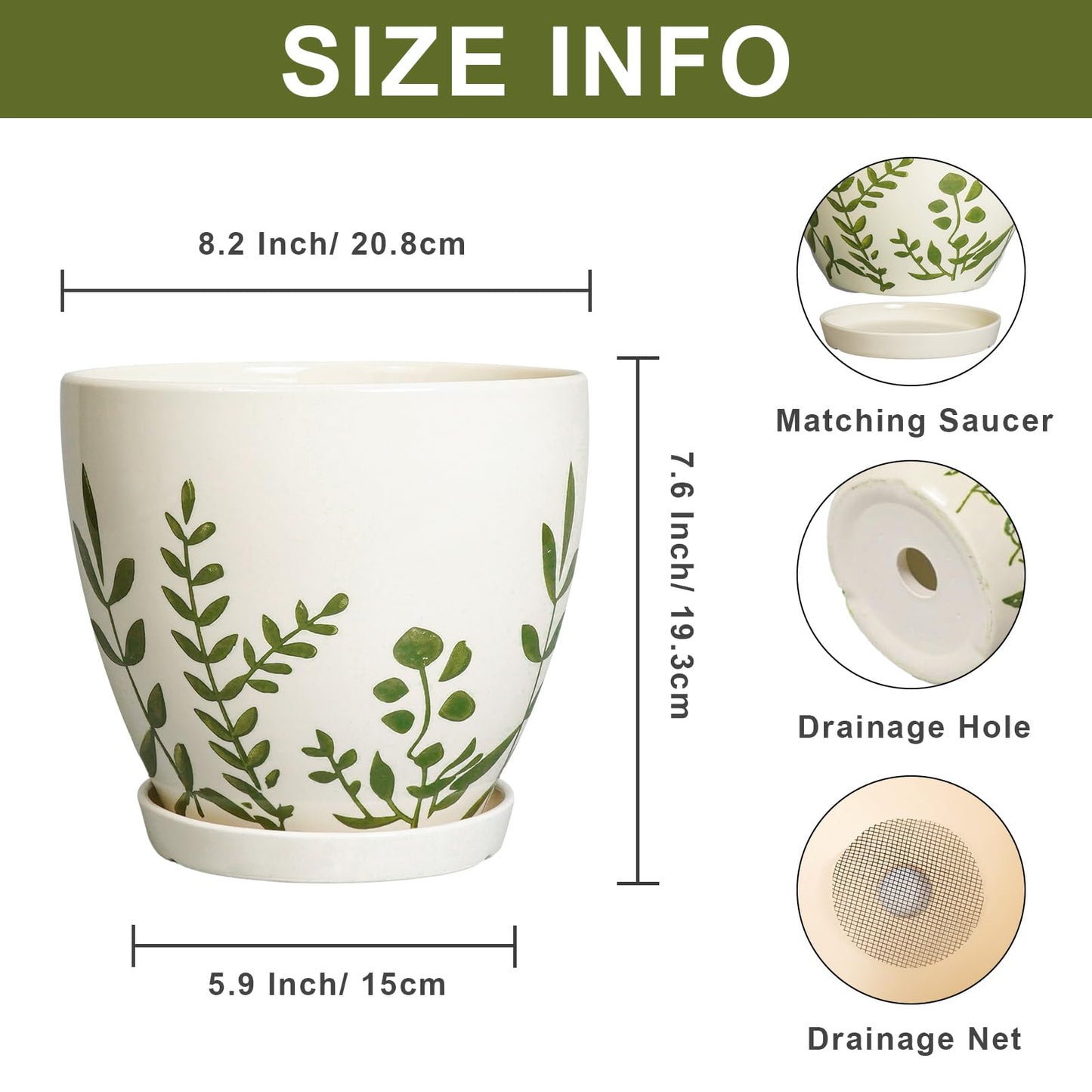 MPotTo Ceramic Pot for Plants 8.2 Inch - Indoor Plant Pot with Drainage Hole and Saucer, Decorative Boho Round Outdoor Planter, Gardening Gifts for Women Men, Room Patio Office Home Decor, White