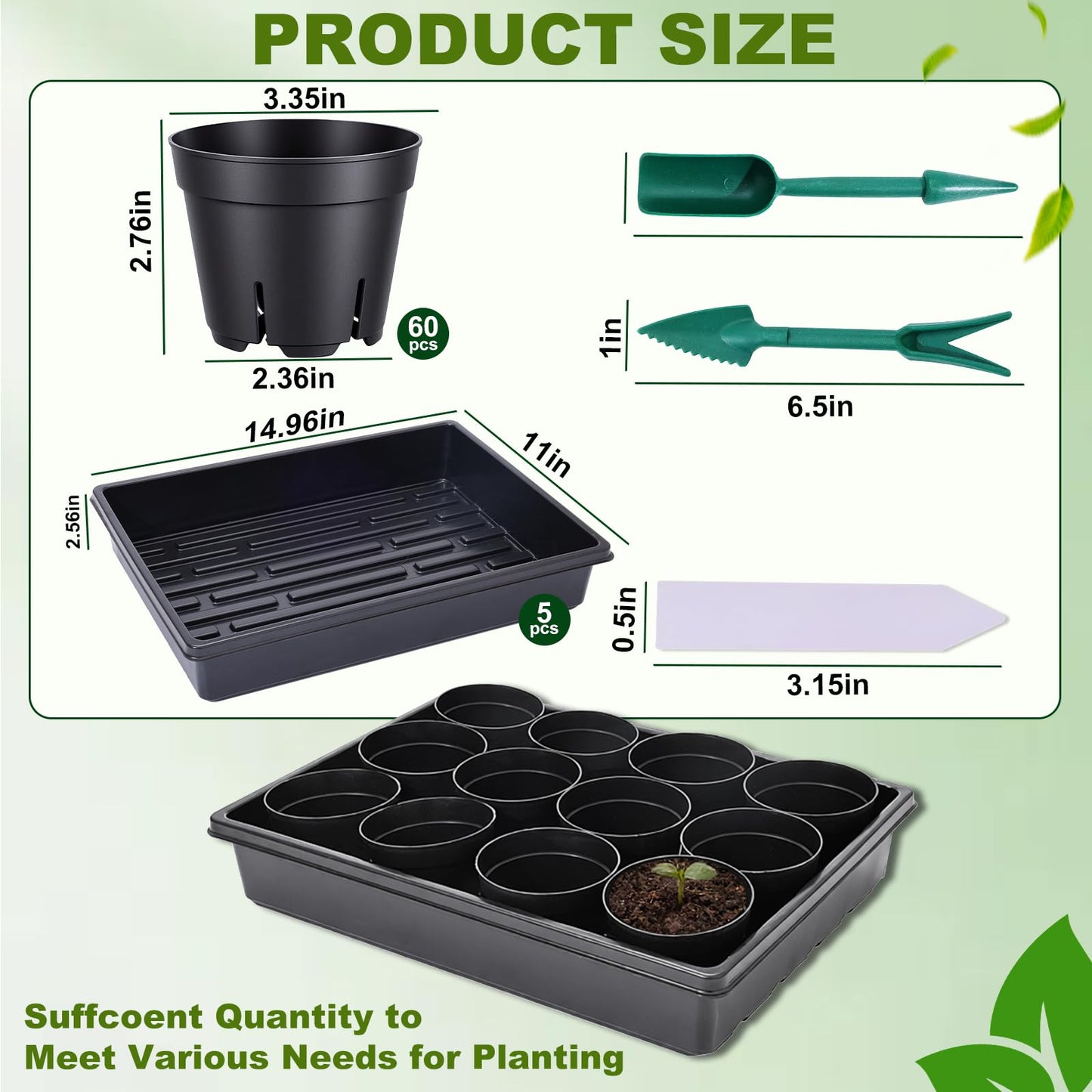 Dualshine Seed Starter Tray Kit - 60-Pack 3.4 Inch Round Nursery Pots with Drainage Holes, 5 Seedling Trays, 100 Plant Labels & 2 Transplanting Tools for Vegetables, Flowers, Herbs Seed Starting
