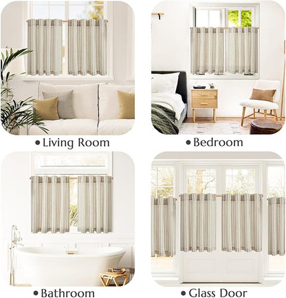 jinchan Linen Kitchen Striped Tier Curtains Ticking Stripe Farmhouse Pinstripe Cafe 45 Inch for Living Room Bathroom Small Window Curtains Light Filtering 2 Panels Taupe Grey