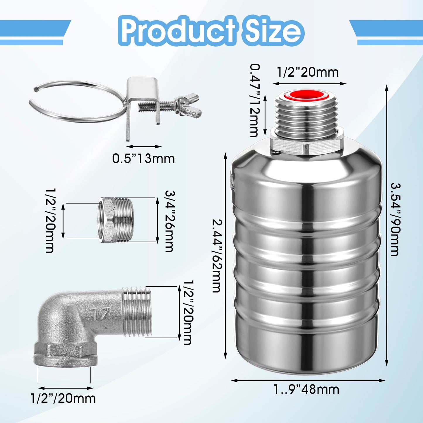 2 Pack Water Float Valve 1/2" to 3/4'' Auto Shut off Water Tank Float Valve 304 Stainless Steel Fully Automatic Level Control for Pool, Livestock Troughs