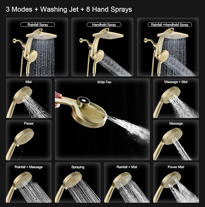 BOZYBO Rain Shower Head with Handheld: High Pressure Shower Heads with Handheld Spray Combo, 12" Rainfall Shower Head and 9 Sprays Hand Showerheads with Magnetic Docking and Power Jets, Gold 1.75GPM