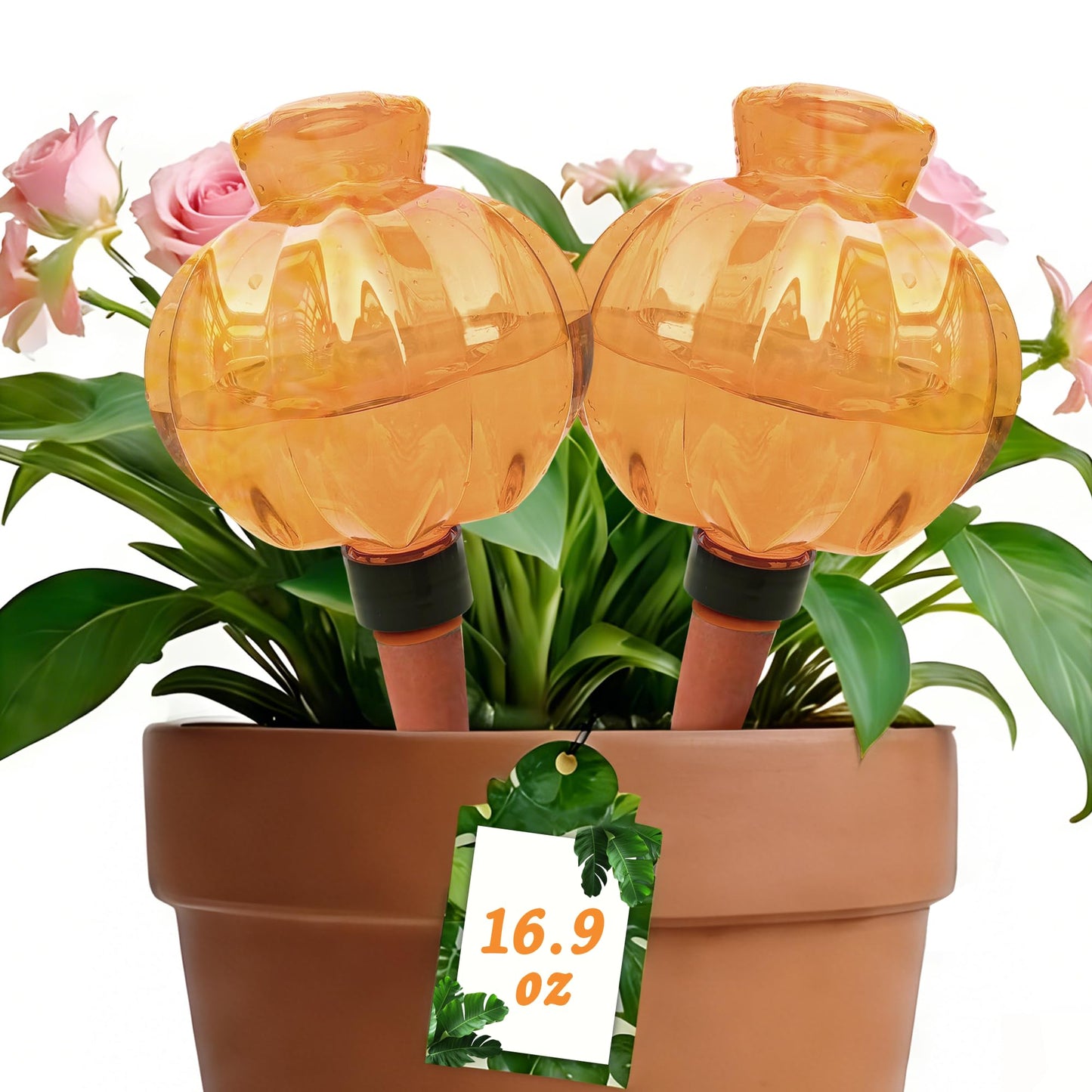 KIROYAL Self Watering Spikes 2 Pack, 16.9oz Large Capacity Plant Watering Globes, Up to 2 Weeks Automatic Watering, Terracotta Irrigation Device for Indoor Plants (Orange Lantern Design)
