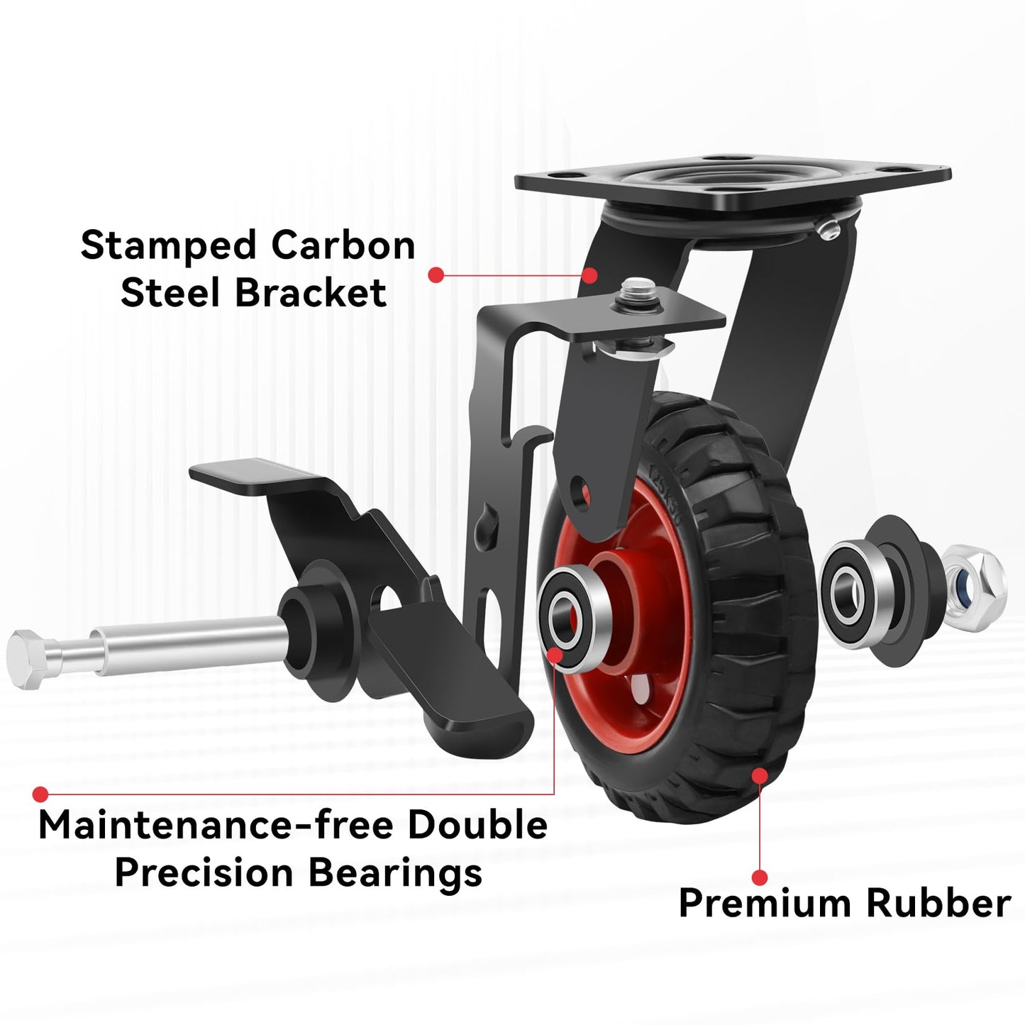 Nefish 5 Inch Heavy Duty Casters Set of 4, Solid Rubber Outdoor Casters Wheels, Industrial Grade Rubber Castors with Knobby Tread for Cart, Wagon and Chicken Coop (2 Brake & 2 Rigid)