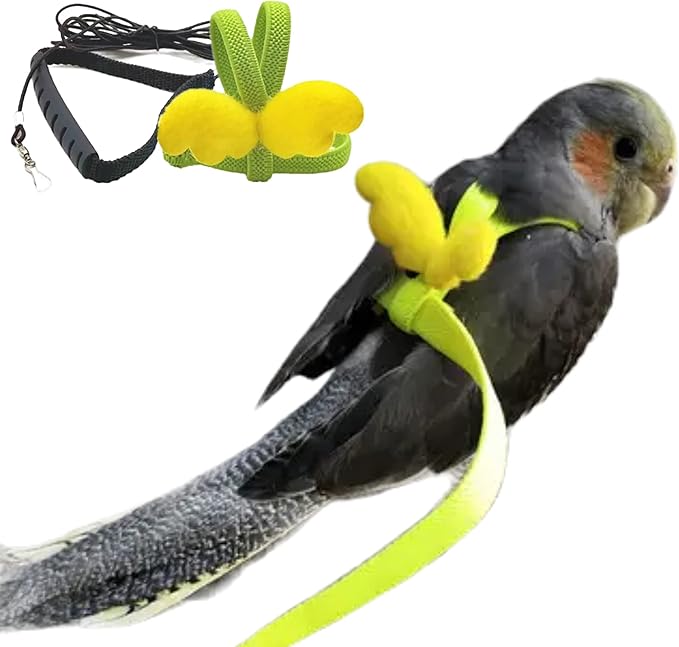 Pet Parrot Bird Harness Leash Adjustable Bird Flying Harness Traction Rope with Cute for Parrots Budgerigar Lovebird Cockatiel Mynah Outdoor Training Toy (Mynah,Yellow)