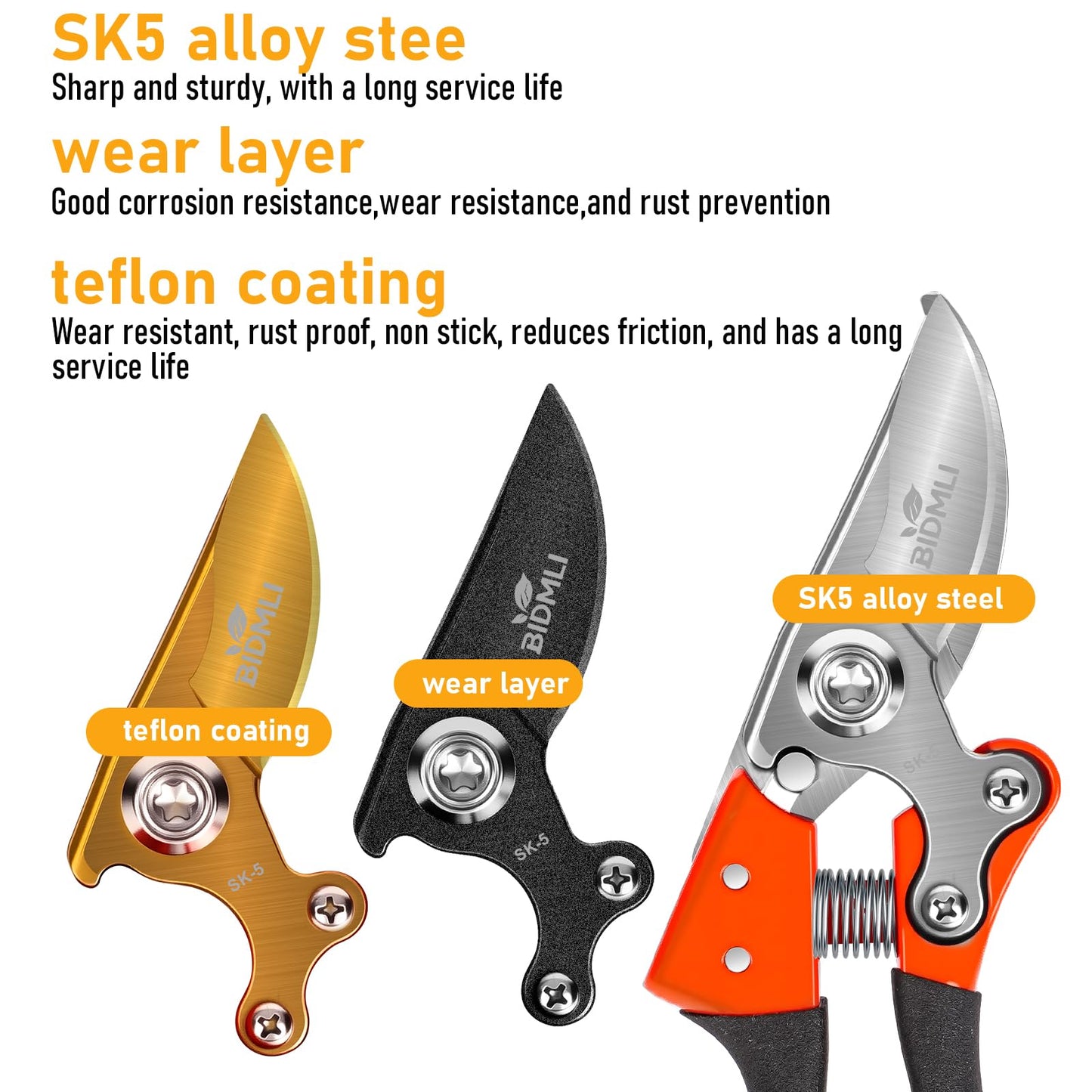 Heavy Duty Pruning Shears，Garden Scissors & Clippers with Red-BIDMLI 8.66" SK5 Steel Blades & Aluminum Alloy Handles, Tree Branch Cutter, Ideal for Thick Branches, Dry Twigs, Flower Pruning Tool.