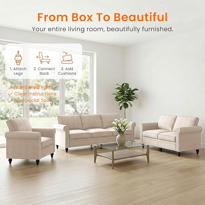 Living Room Sofa Sets 3 Piece, Modern 3 Seater Sofa and Loveseat Couch and