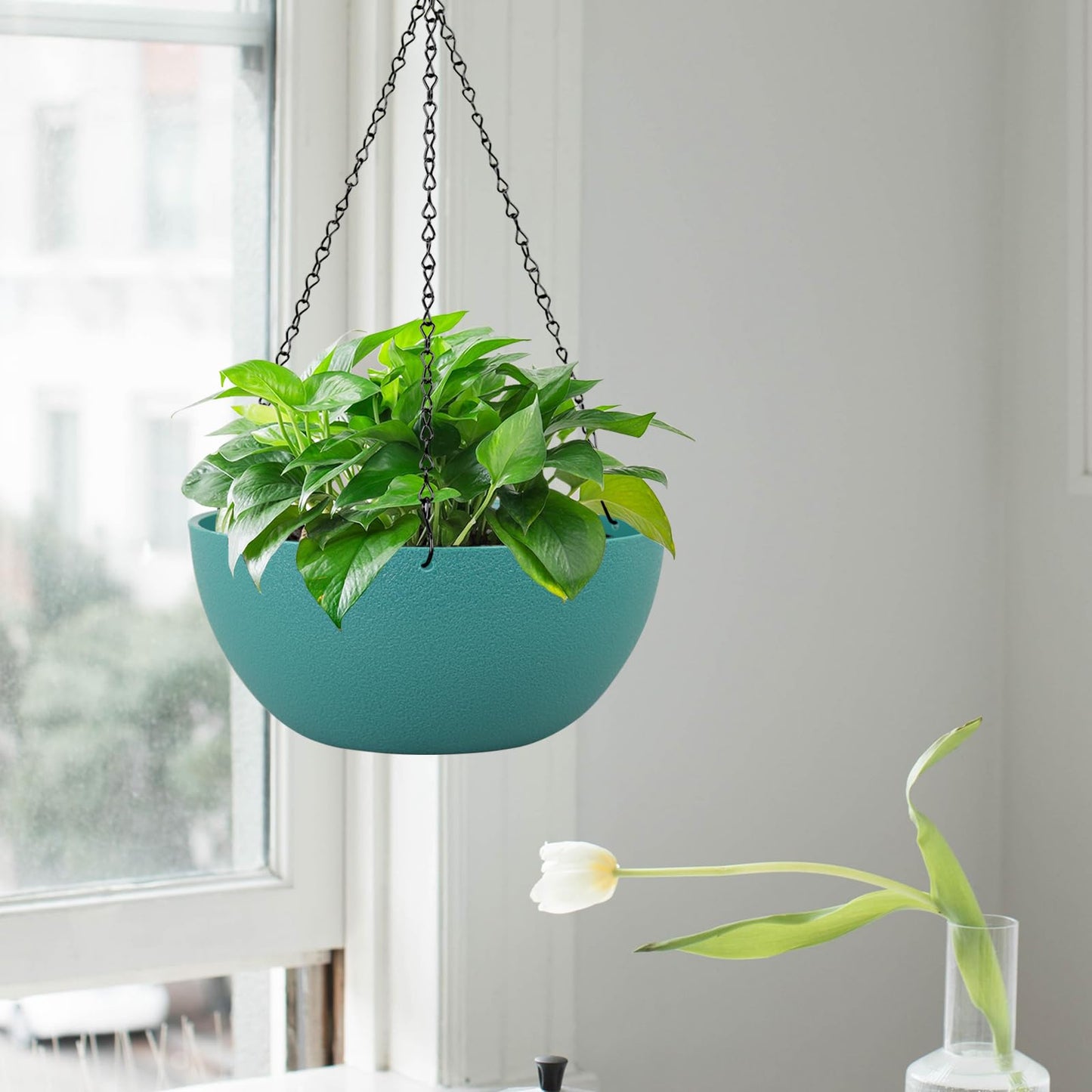 WSMKSZ 10 inch Hanging Planters for Outdoor Indoor Plants with Drainage Holes and Chain, 2 Pack Round Hanging Flower Pots for Garden Home Porch Decor, Blue Green