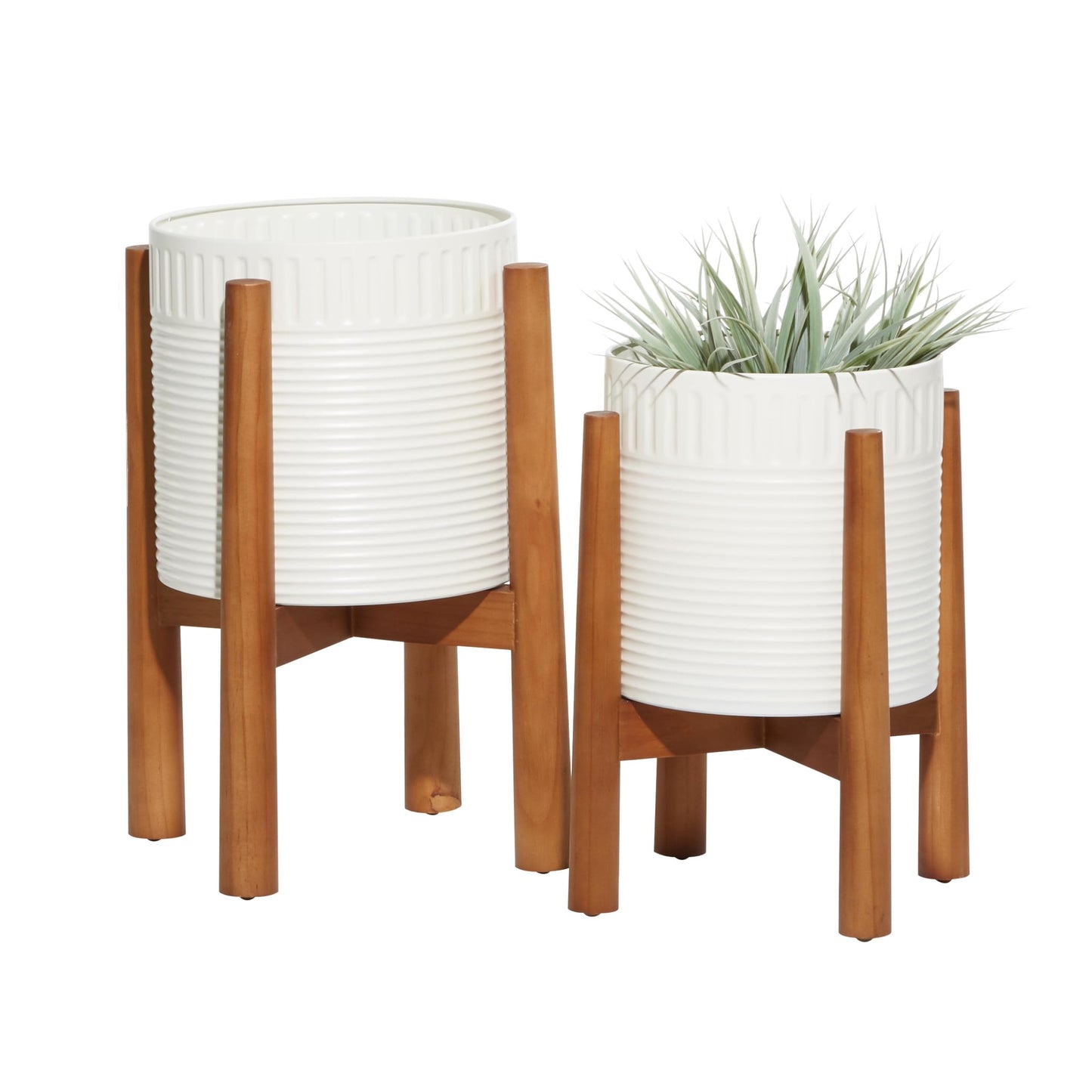 Deco 79 Metal Indoor Outdoor Planter Large Planter Pot with Removable Wood Stand, Set of 2 Planters 17", 15"H, White