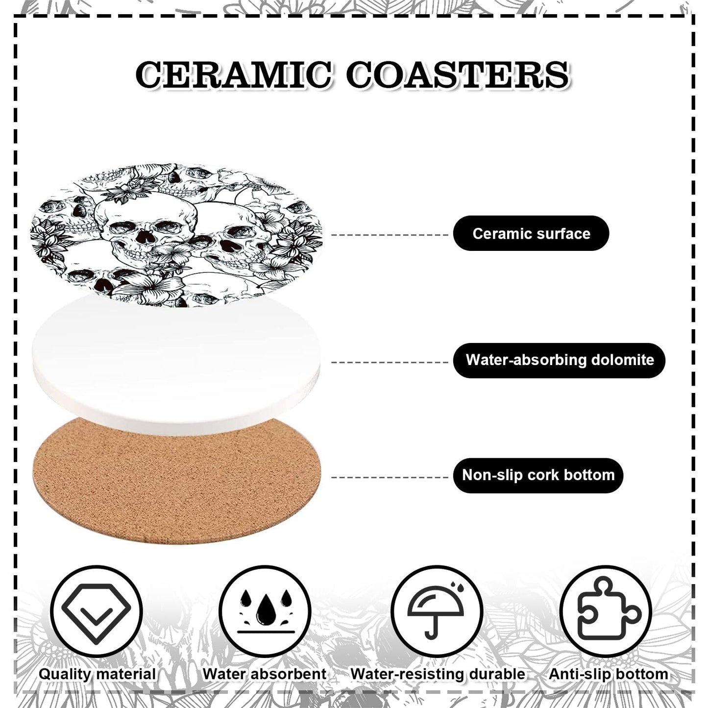 Whaline 6Pcs Halloween Ceramic Coasters with Iron Holder Skull Floral Drink Coasters Absorbent Cup Mat for Mug Cup Home Kitchen Party Table Decor