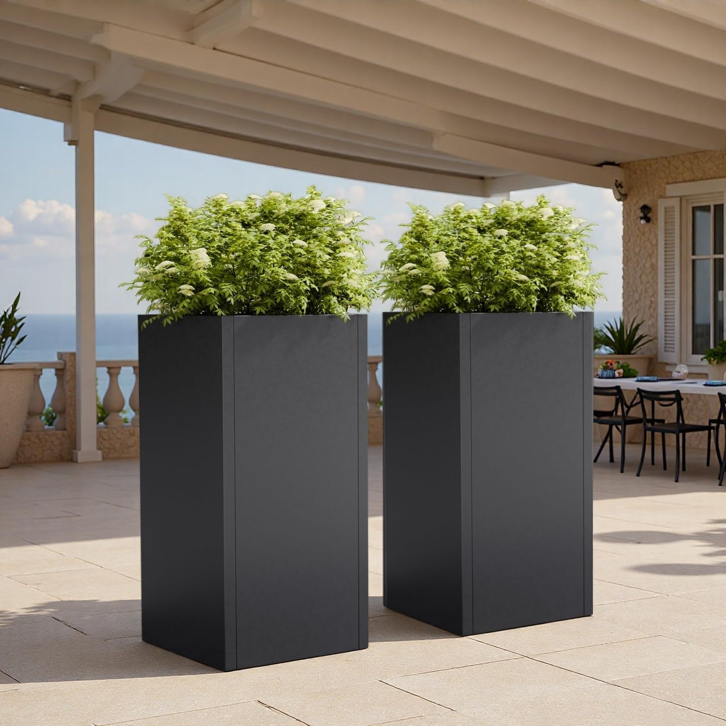 Diyfire Tall Metal Planters Box for Outdoor Plants 2 Pack- 23.6" Modern Steel Tall Square Planter with Removable Insert Shelf, Heavy Duty Pedestal Planter Front Porch Decor Patio Garden, Black