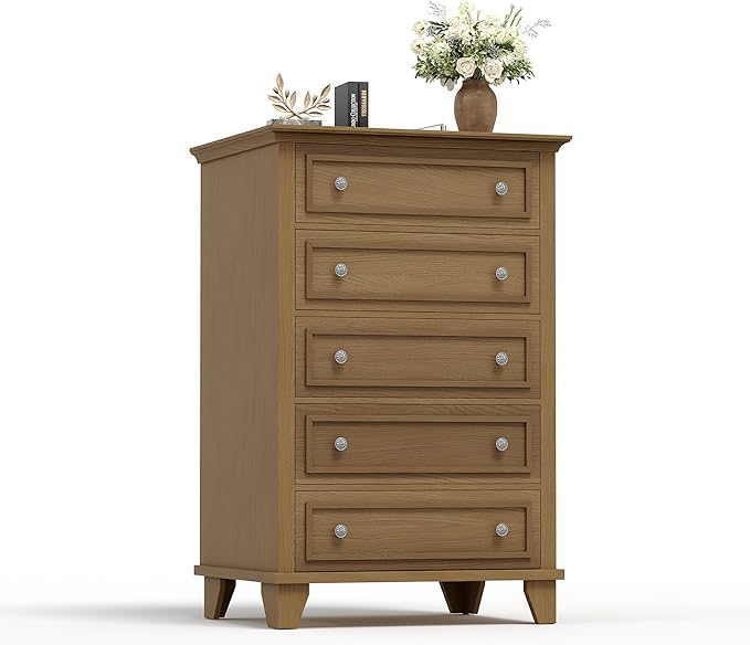 IDEALHOUSE 5 Drawer Dresser, Wooden Storage Chest of Drawers