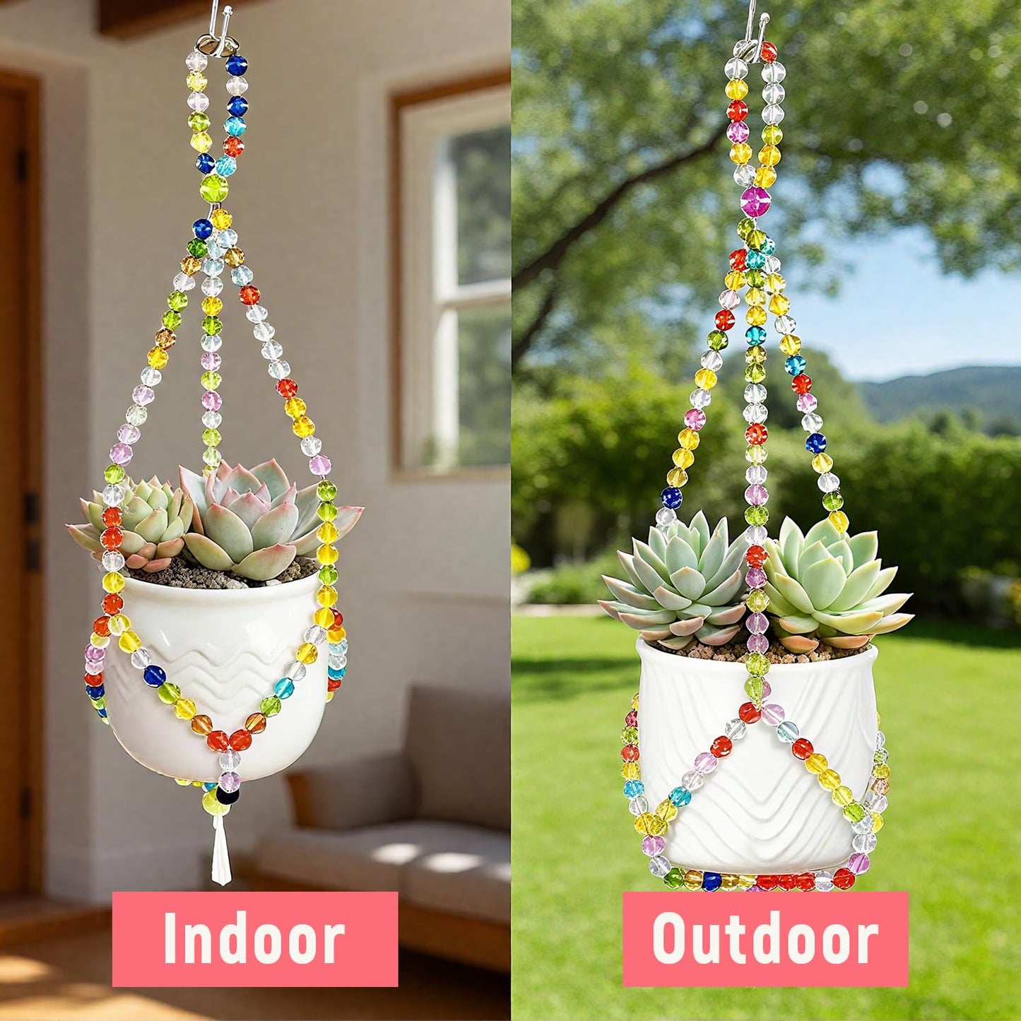 FALESHOS 2 Pack Macrame Plant Hangers with 2 Hooks, 17.9inch/16.7inch Bead Hanging Planter for Indoor Outdoor Bohemian Home Garden Decor
