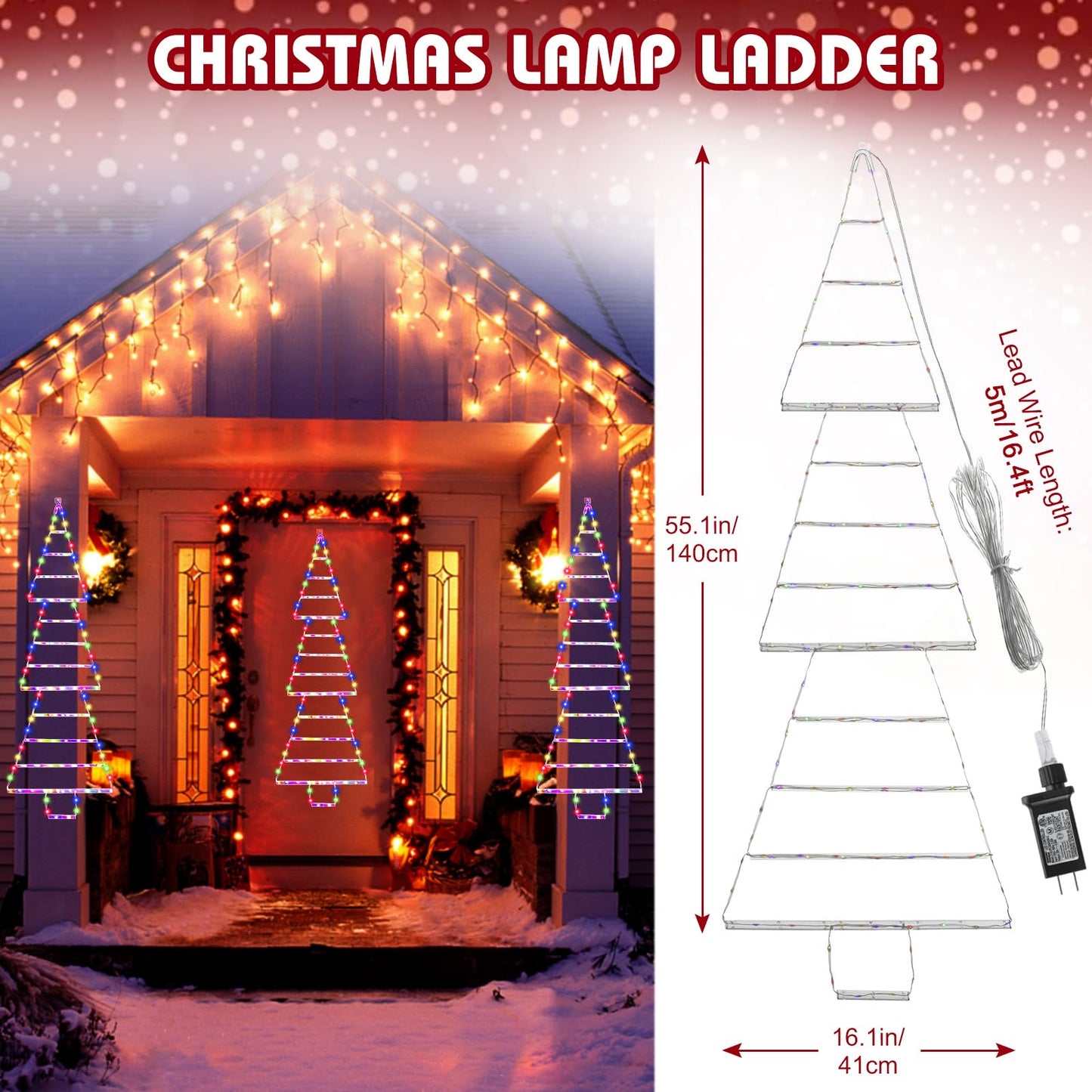 MUYUN LED Christmas Ladder Tree Lights, 4.3ft, 165 Multicolor LEDs, 8 Modes, Waterproof, Indoor/Outdoor