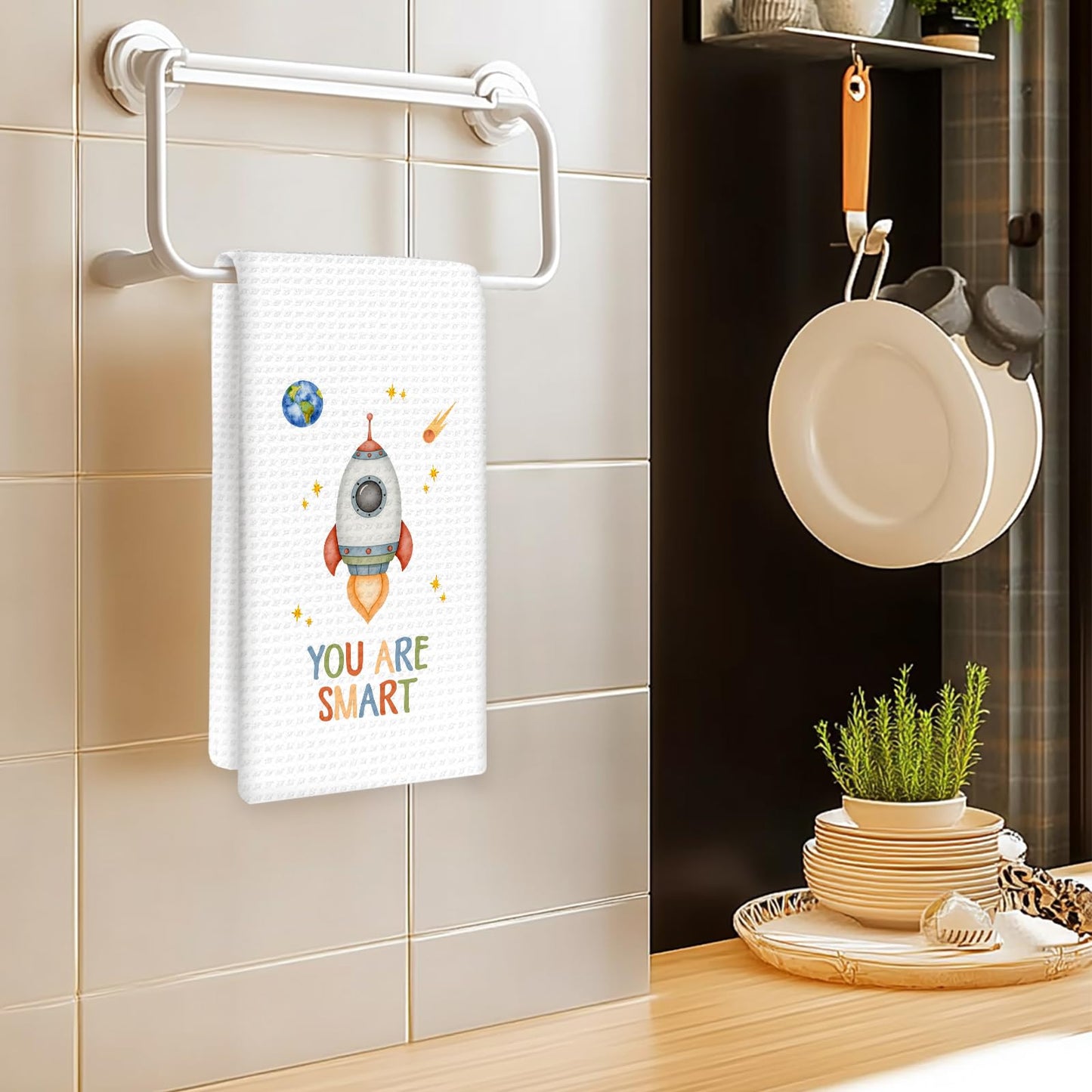 OINDADE Space Kids Hand Towels Set of 2, Space Nursery Decor Hand Towels, Inspirational You are Smart Brave Dish Towel Tea Towel for Kitchen, Astronaut Boys Kids Nursery Bathroom Decor,16x24In