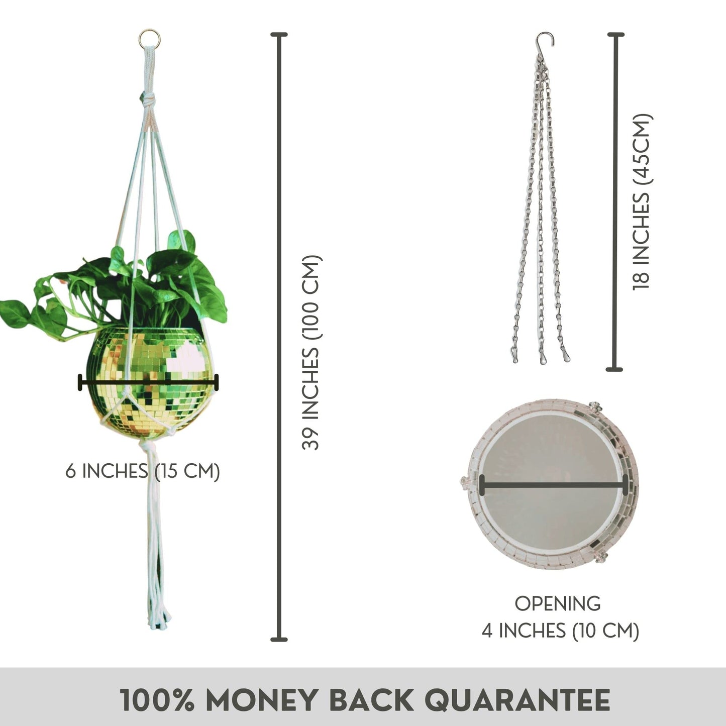 SCANDINORDICA Disco Ball Planter 6" Gold with Chain and Macrame Hanger and Disco Ball Planter Pot 4.3" with Saucer (0.2x0.2 mirror tiles)
