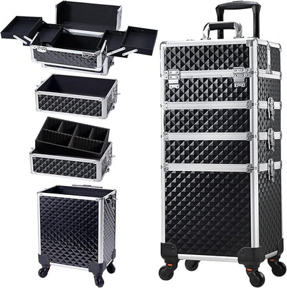 Stagiant Rolling Makeup Case Cosmetology Case on Wheels 4 in 1 Large Cosmetic Organizer Train Case Makeup Travel Case with Key Swivel Wheels Nail Artist Salon Storage Traveling Cart Trunk Black