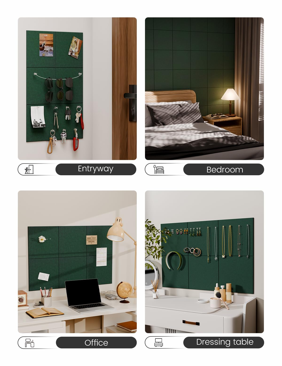 Felt Bulletin Board Tiles -28"x18" Cork Board Alternative for Office Decor, Push Pin Board Wall Organizer 6-Pack -Pine Green