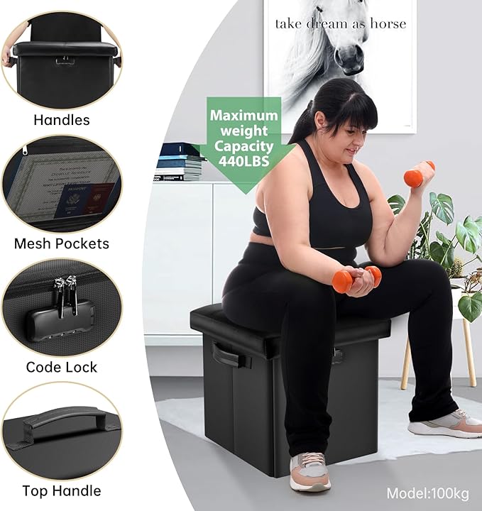 DocSafe Storage Ottoman with Lock, Fireproof Folding Ottoman Foot Rest Stool