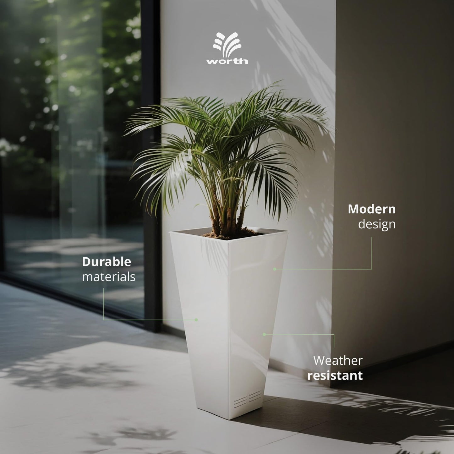 Worth 2 Pack 28" Tall Large Metal Planter, Tapered Steel Flower Pots with Insert Plate with Drain Holes & Air Vents for Indoor or Outdoor Use, White