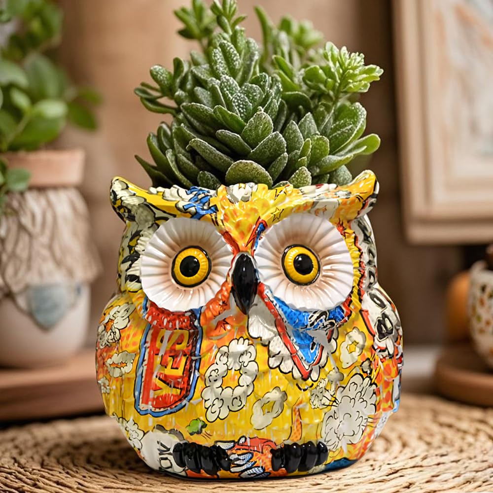 Midcentury Modern Decor Owl Planter, Bird Figurine Succulent Plant Pots for Plants, Small Sculptures Statue Flower Pot, Yellow Living Room Art Deco Planters Vase, Bookshelf Bedroom Home Decorations