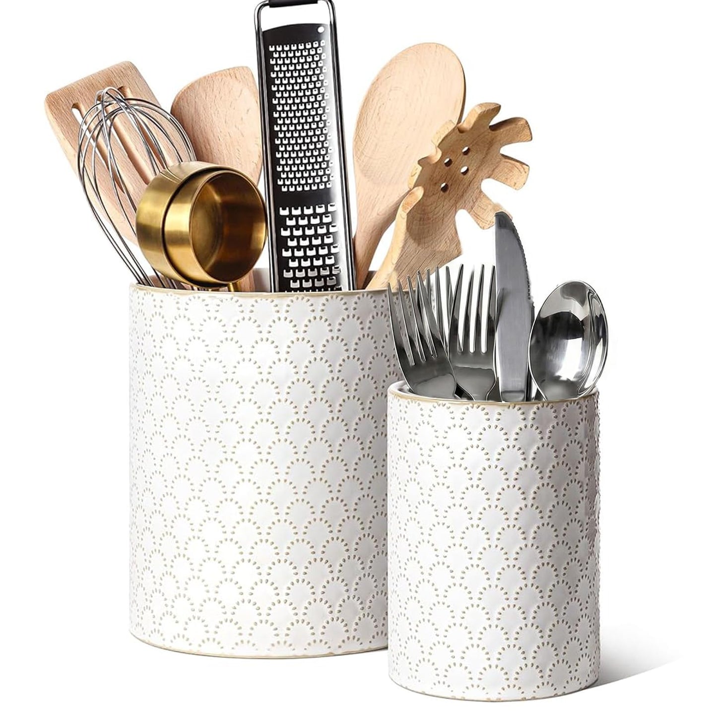 LE TAUCI Kitchen Utensil Holder for Countertop - 7.1"+5.4" Ceramic Utensil Crock Set of 2, Large Cooking Utensil Organizer for Spatula, Spoon, Whisk - Farmhouse Storage, Embossed, Fireworks