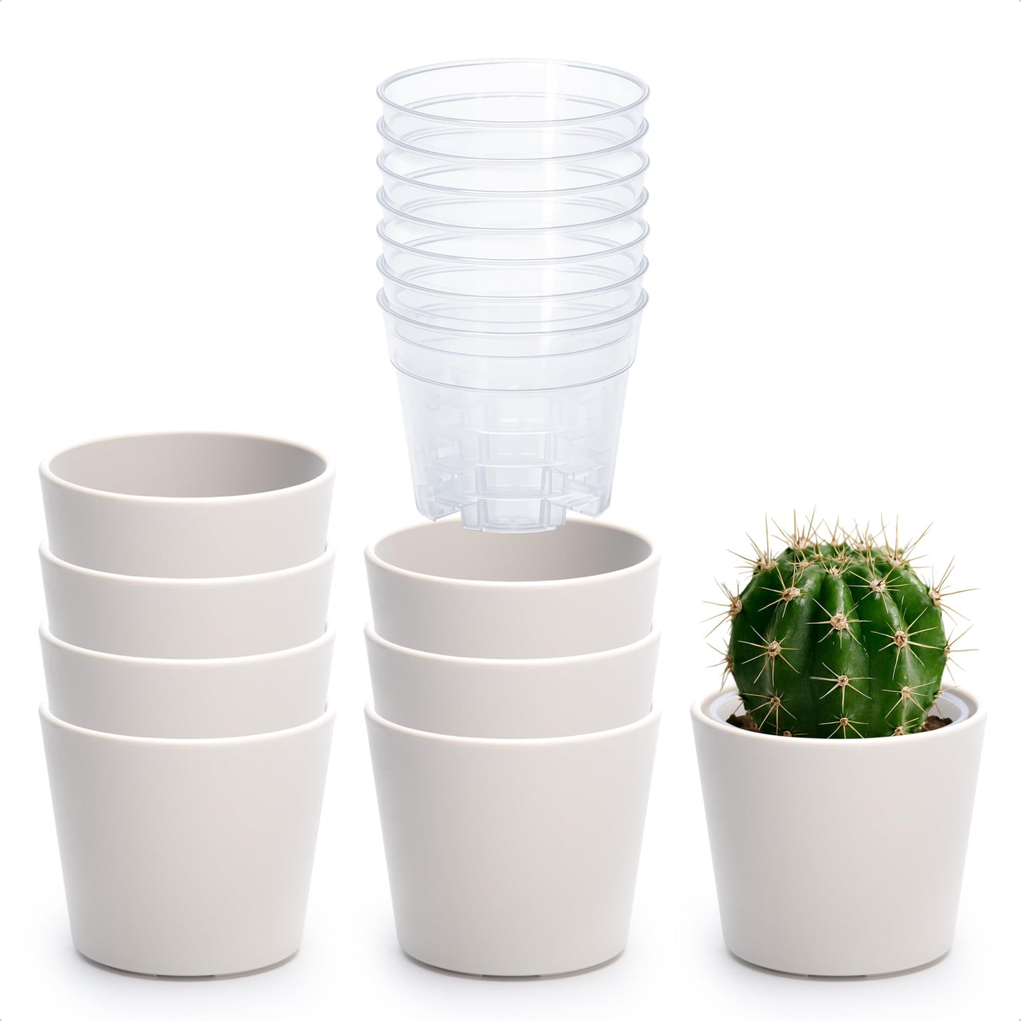 Phoenix Vine 3.5 Inch Oatmeal Plastic Cachepot with Clear Nursery Pot, Decorative Lightweight Planter Cover with Transparent Inner Pot for Indoor Houseplants, Pack of 8, 24-A-G-8