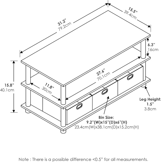 FURINNO Turn-N-Tube Coffee Table, 31.22D x 15.5W x 15.8H in, French Oak