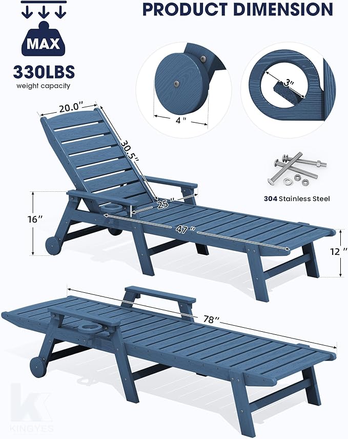 KINGYES HDPE Lounge Chair Outdoor, Patio Chaise Lounge Recliner