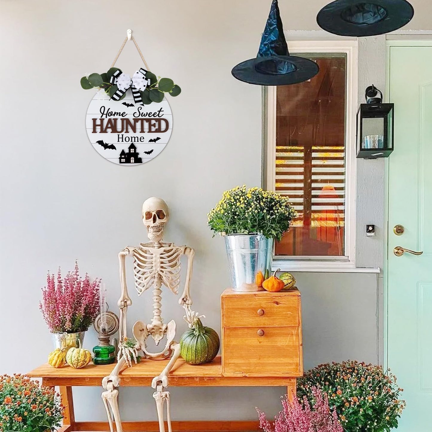 HOURIA Happy Halloween Wreaths Wooden Sign (11.4”x11.4”),3D Home Sweet Haunted Home Door Sign,Rustic Halloween Themed Castle Bat Wall Hanging Sign for Front Door Party Farmhouse Office