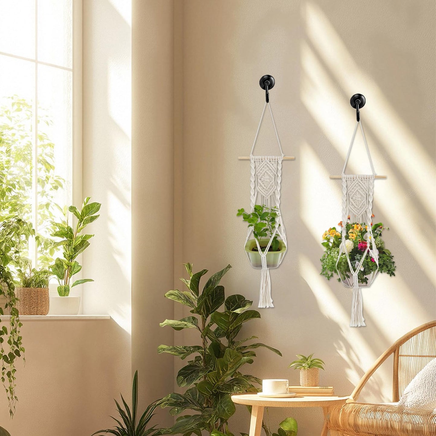 GRSECPO Boho Macrame Plant Hangers Set of 2 - Hanging Planter with Patterns, Handmade Cotton Rope Hanging Baskets for Indoor Outdoor Plants, Bohemian Home Wall Decor Art