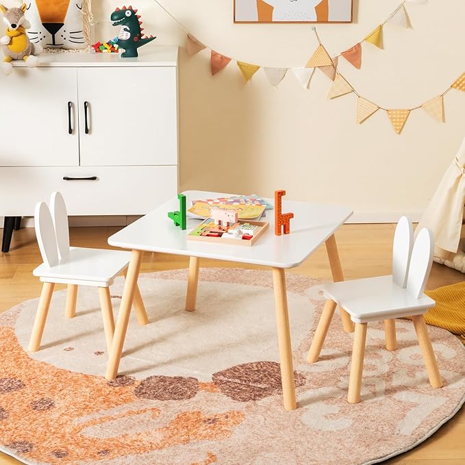 Costzon Kids Table and Chair Set, 3 Pieces Wooden Activity Table & 2 Rabbit